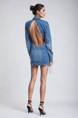 Baldwin Rhinestone Cutout Lapel Denim Mini Dress