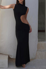 Schwarzes Tank-Kleid mit Stehkragen und Cut-Outs