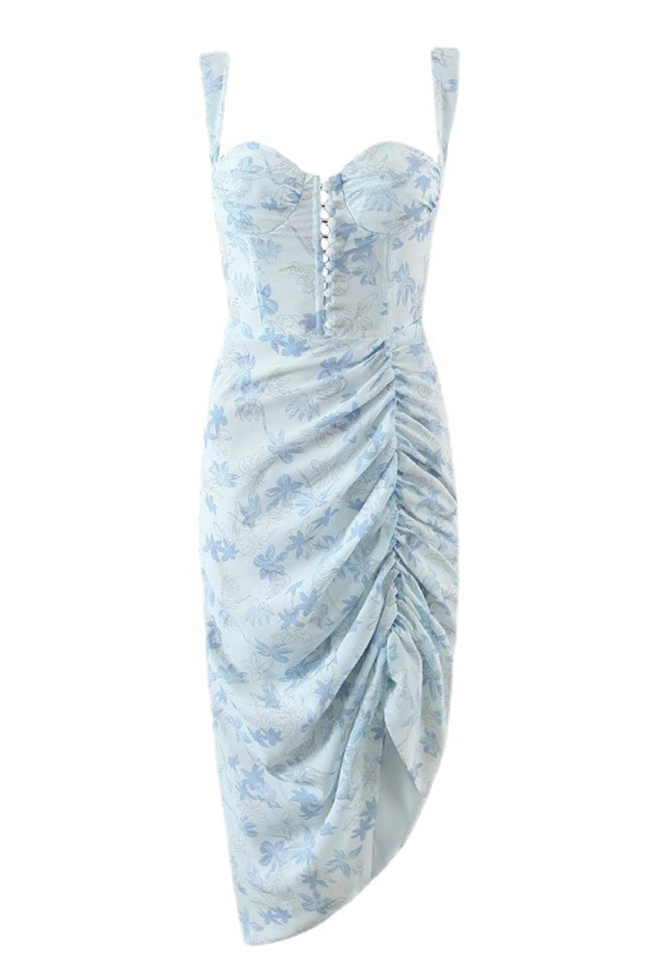 Blue Floral Print Corset Ruched Split Dress