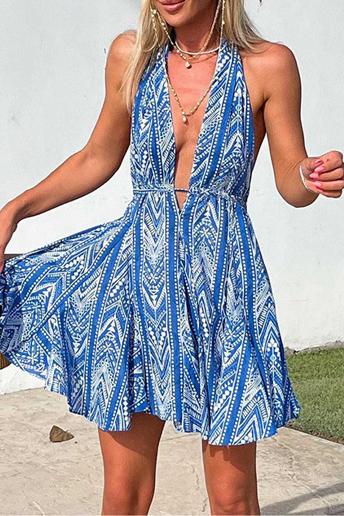 Blue Printed Halter Backless Dress