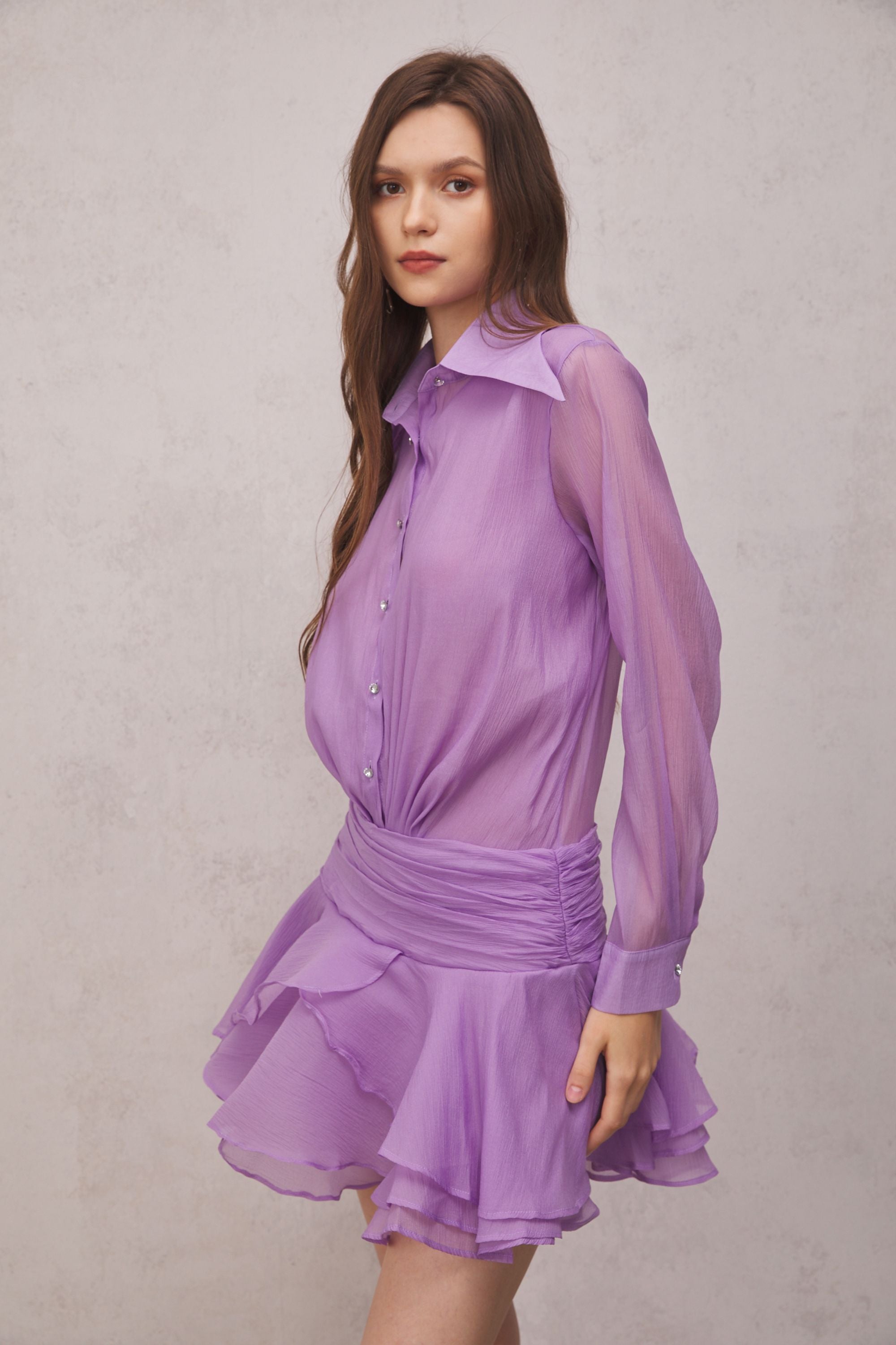 Brinley Ruched Ruffle Mini Dress In Purple