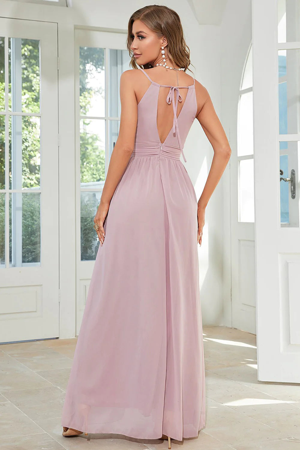 Purple Chiffon Halter Maxi Dress with Slit