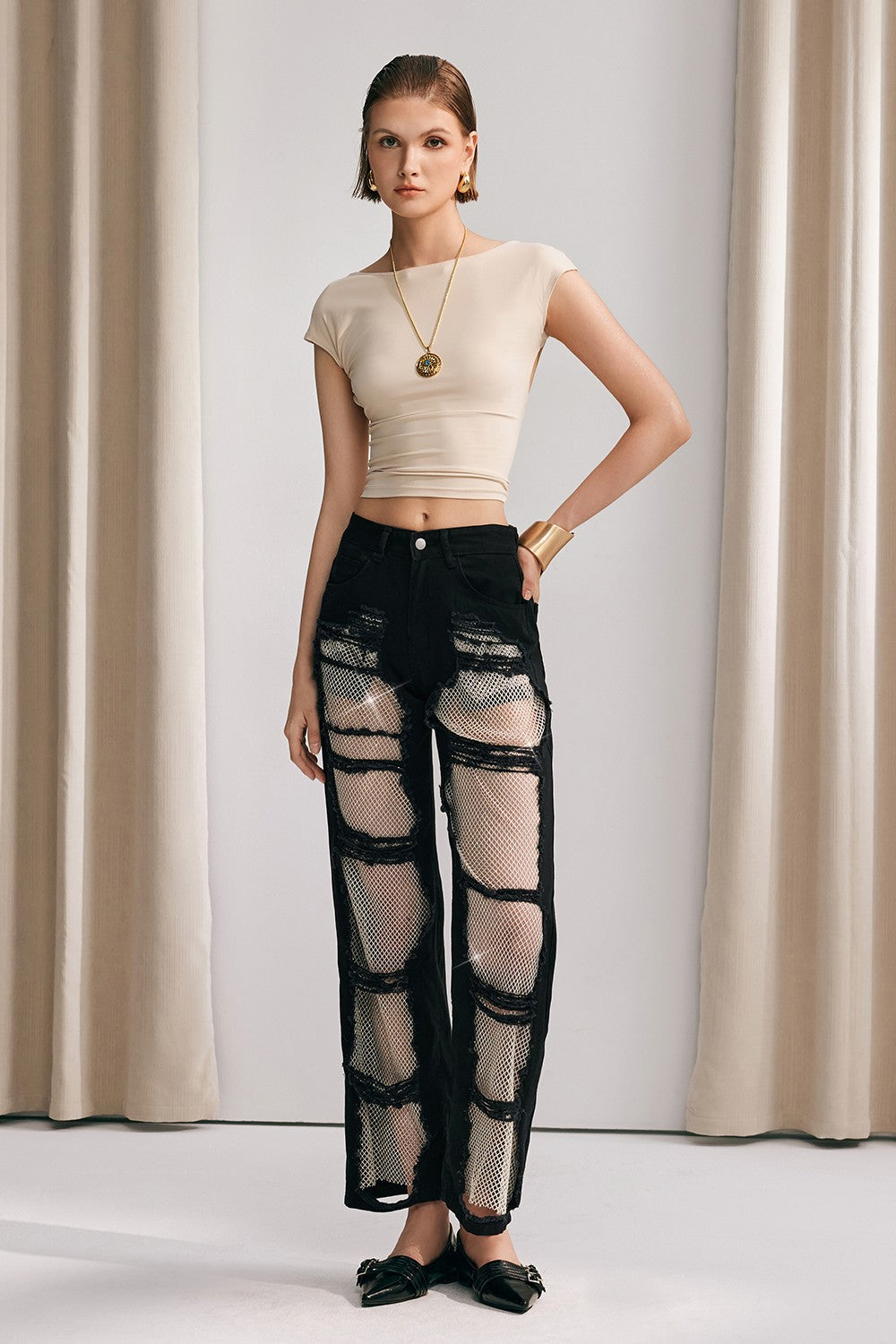 Chloe Mesh Straight Jeans In Black