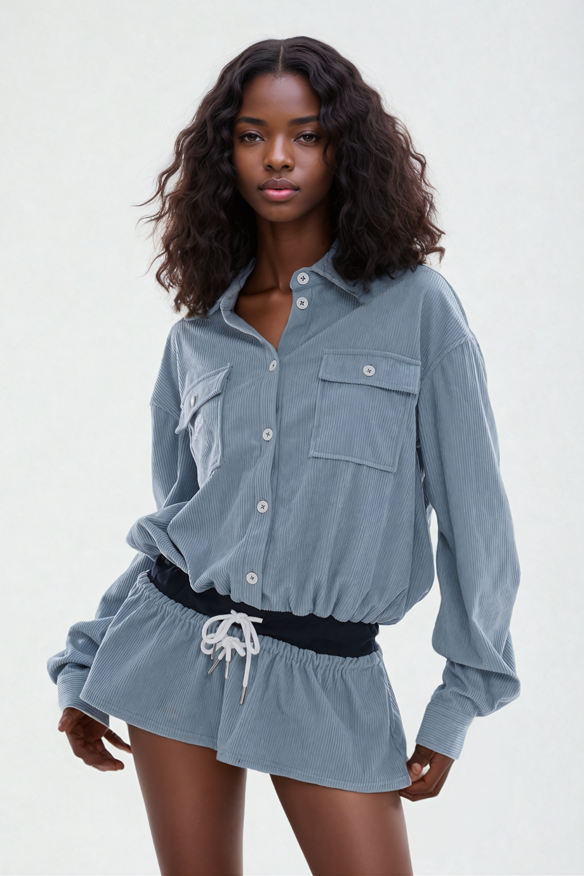 Corduroy Drawstring Shirt Mini Dress