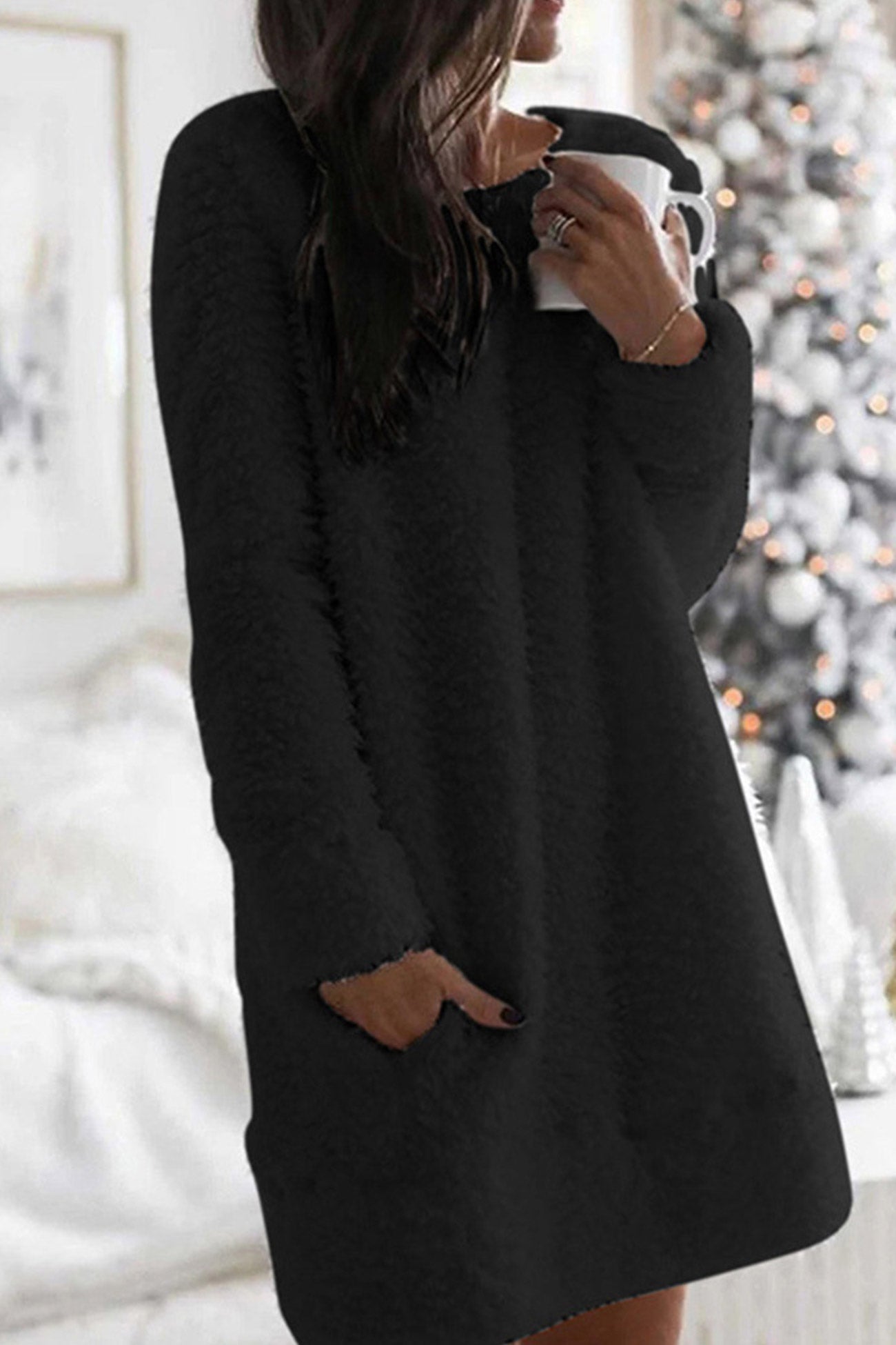 Crew Neck Pocketed Plush Dress