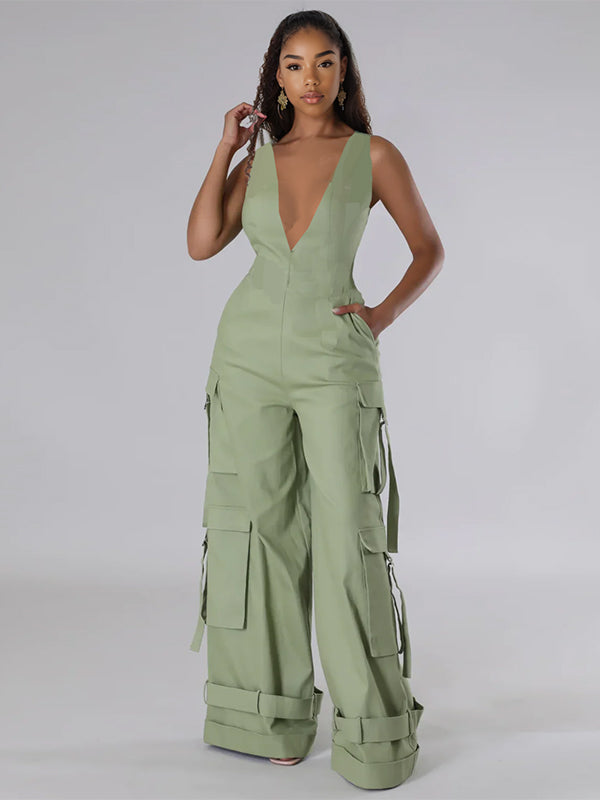 V-Neck Sleeveless Cargo Wide-Leg Jumpsuit