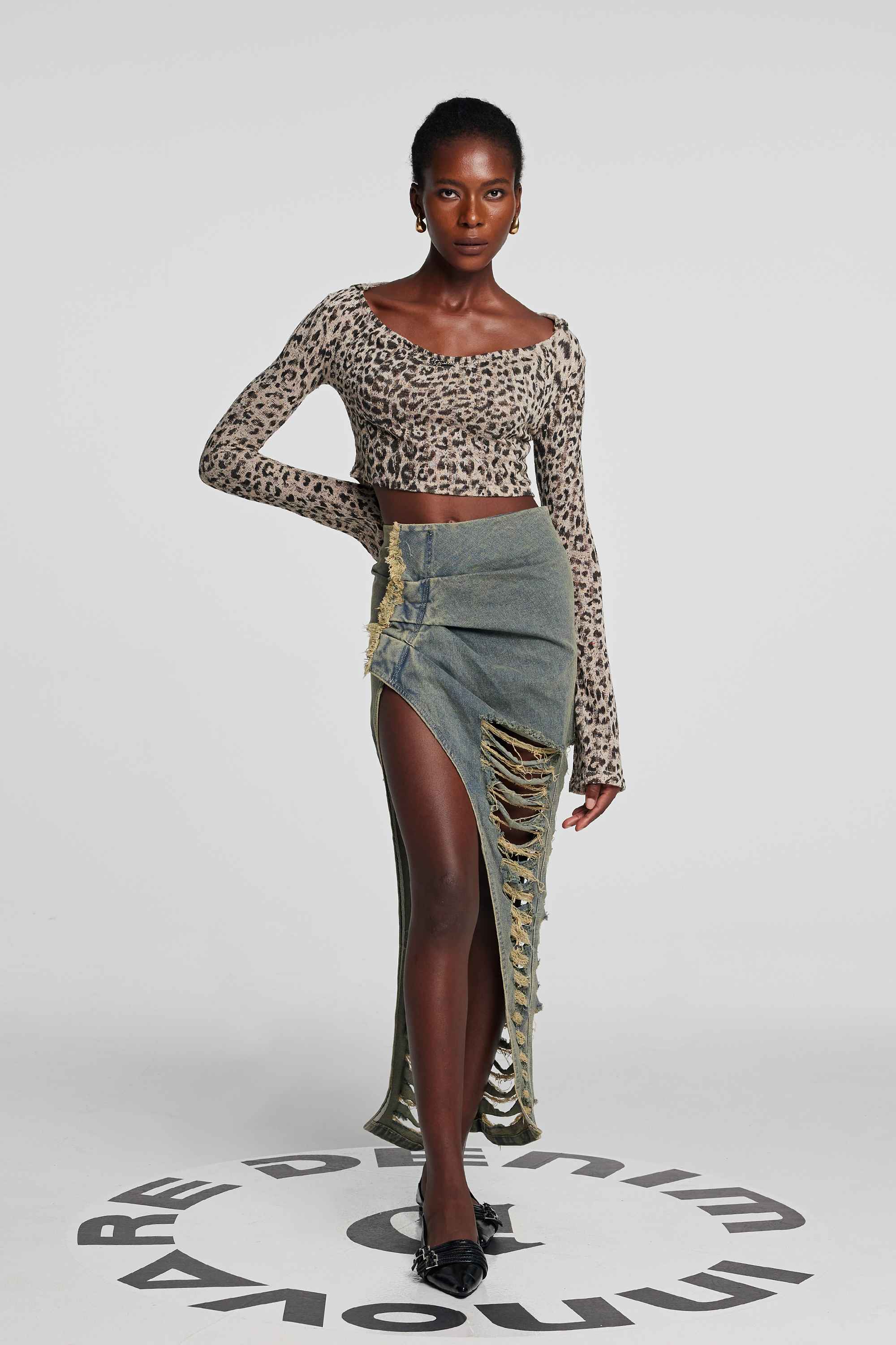 Delta Long Sleeve Leopard Torn Crop Top