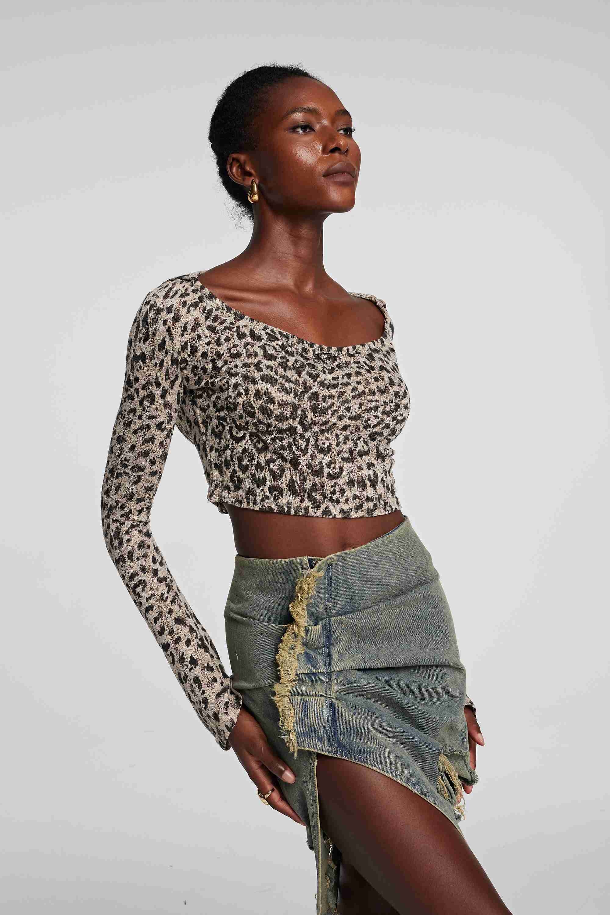 Delta Long Sleeve Leopard Torn Crop Top