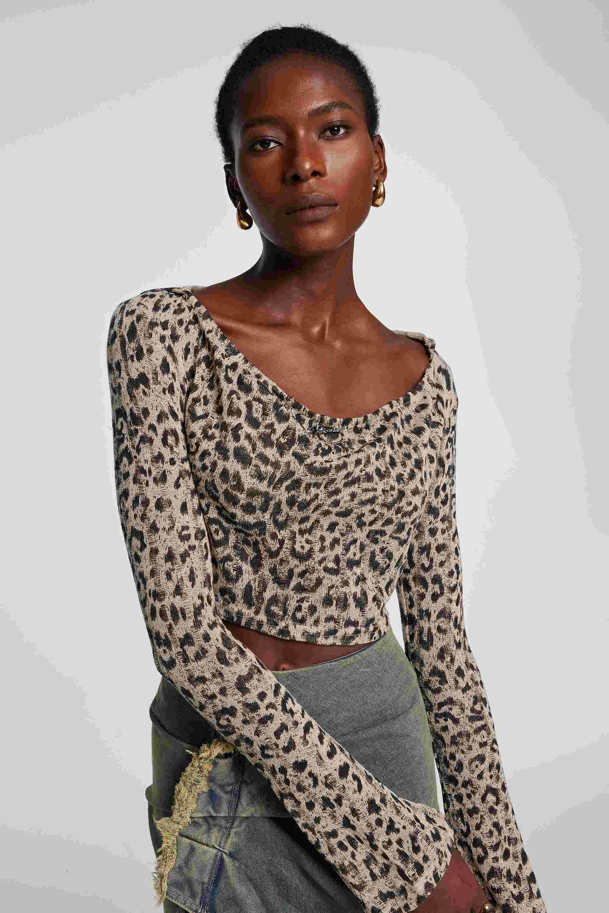 Delta Long Sleeve Leopard Torn Crop Top