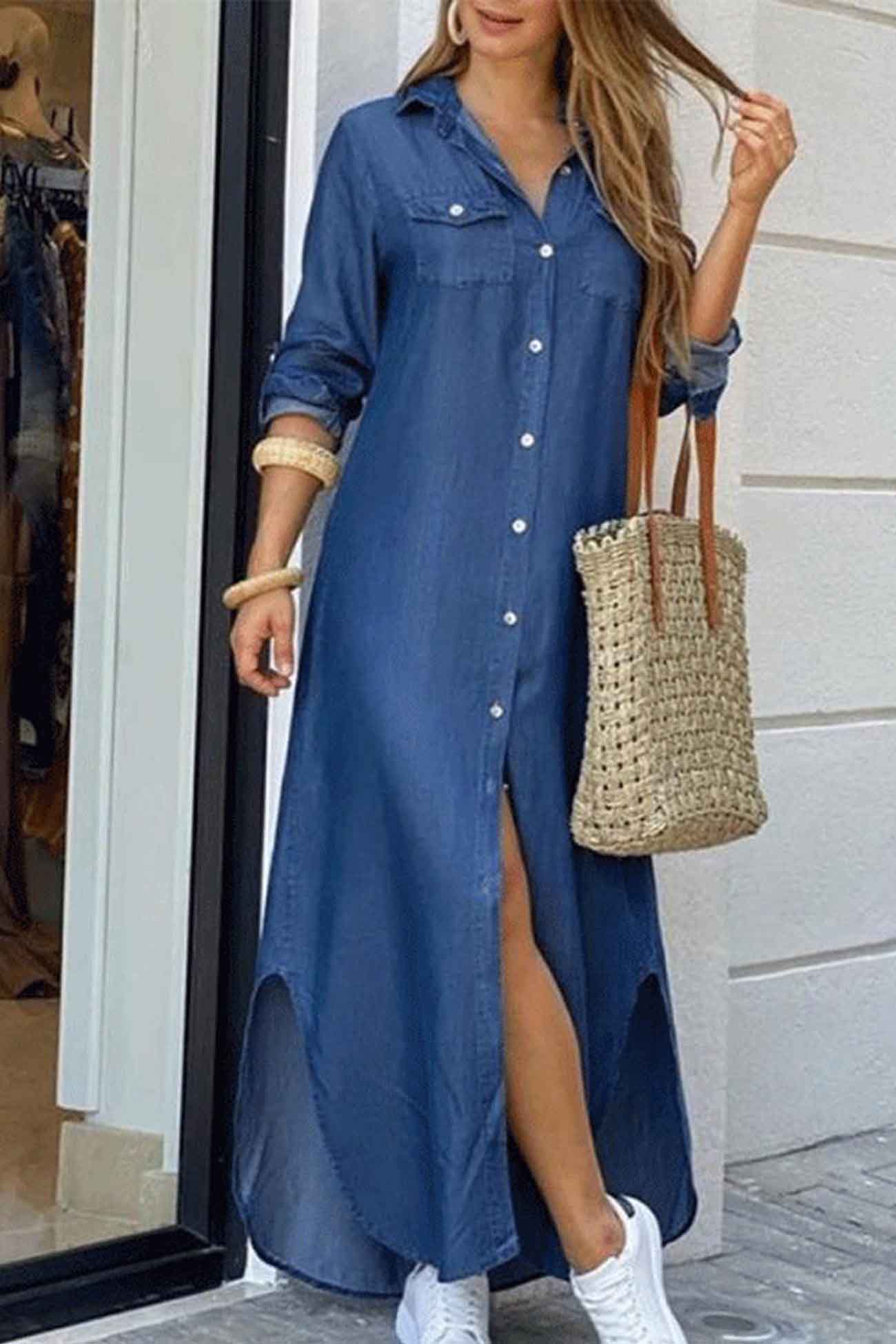 Long Sleeve Button Up Pocket Shirt Dress