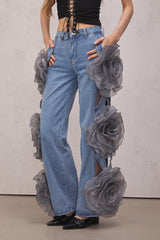 Dior Flower Hollow Jeans In Blue