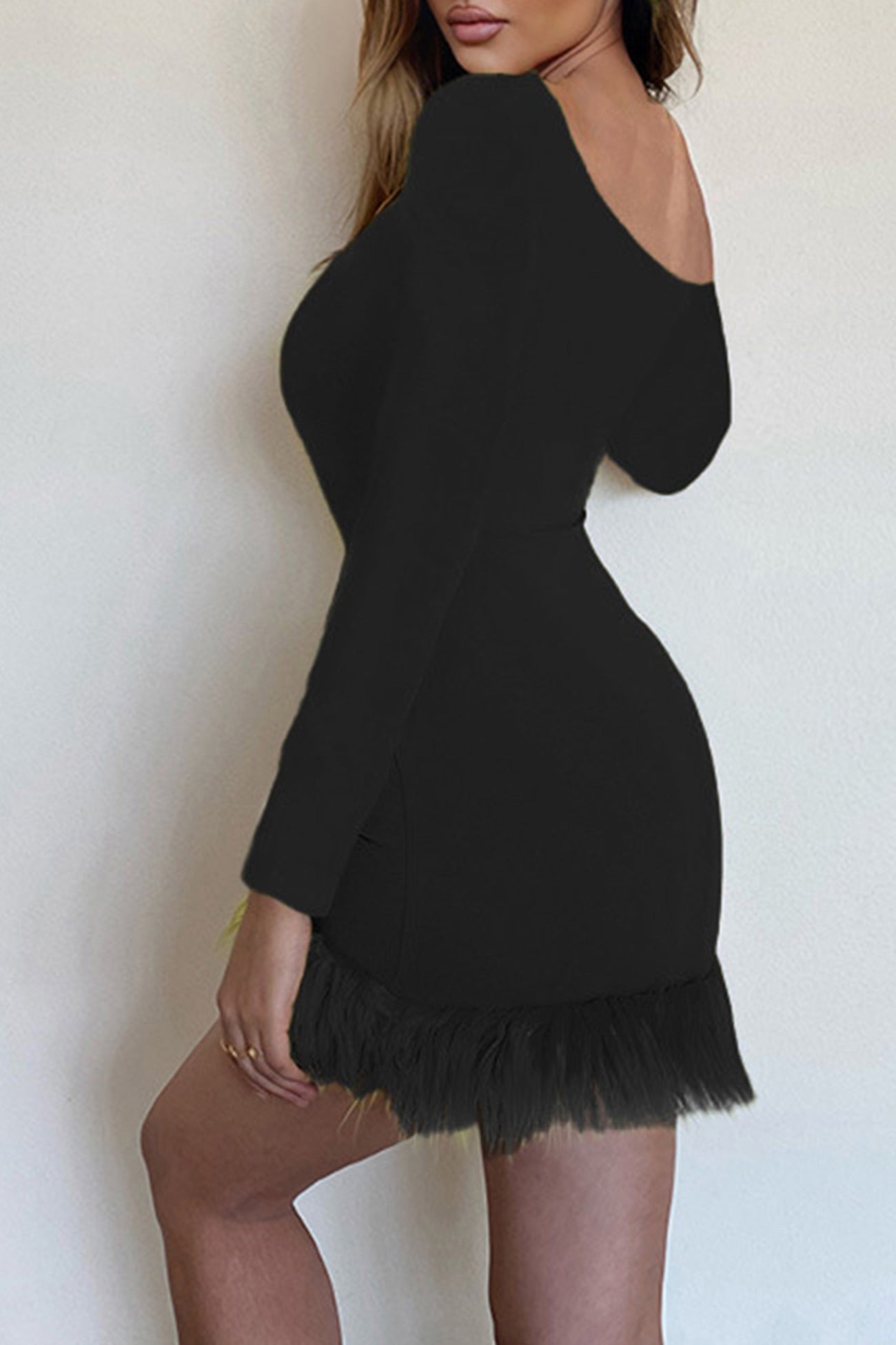 Drop Shoulder Fuzzy Hem Mini Dress