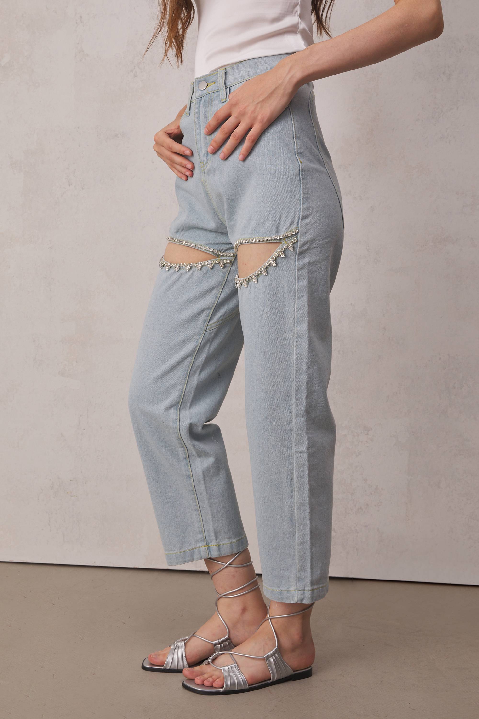 Eden Rhinestone Embellished Cutout Denim Jeans