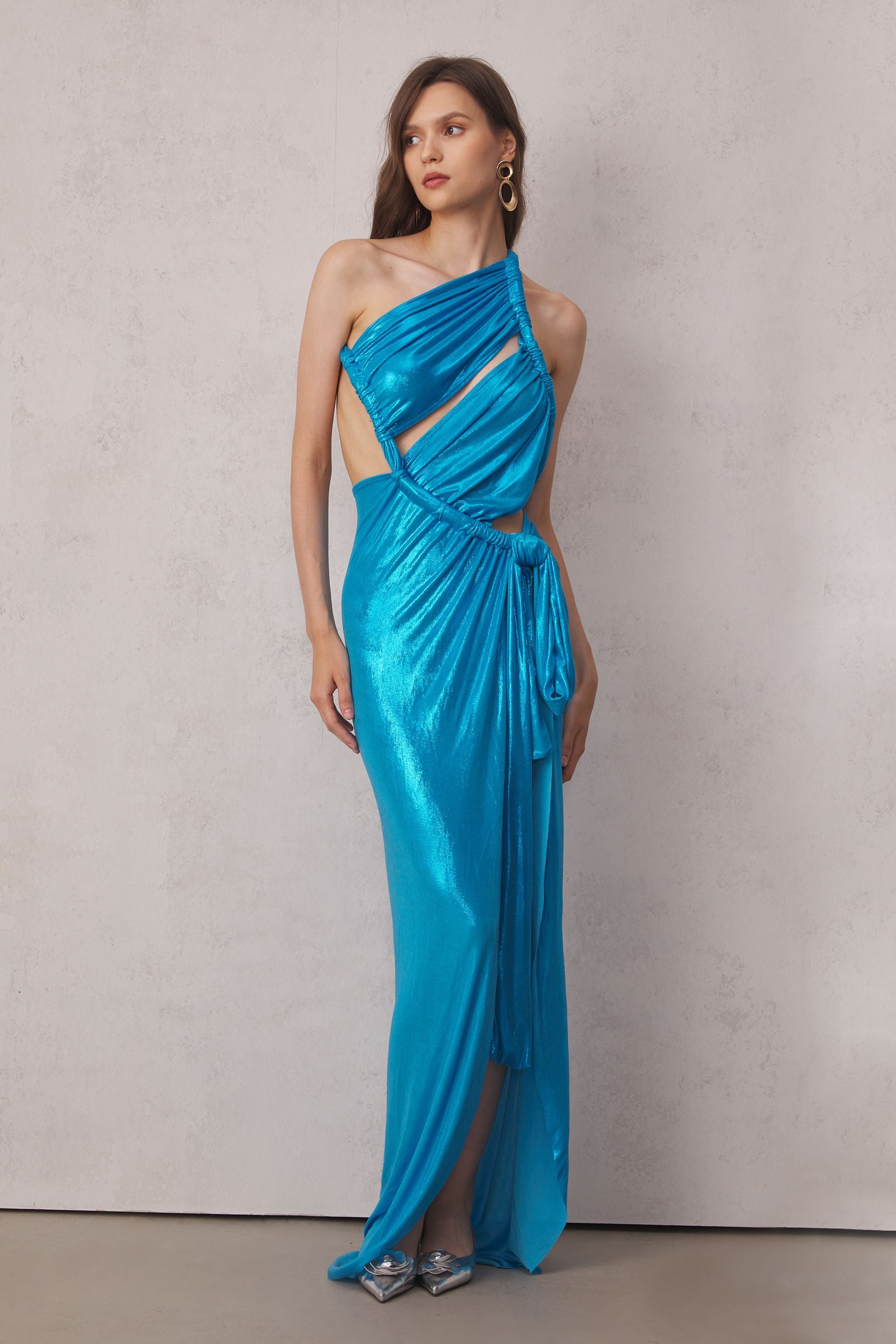 Elise Metallic Split Maxi Dress In Blue