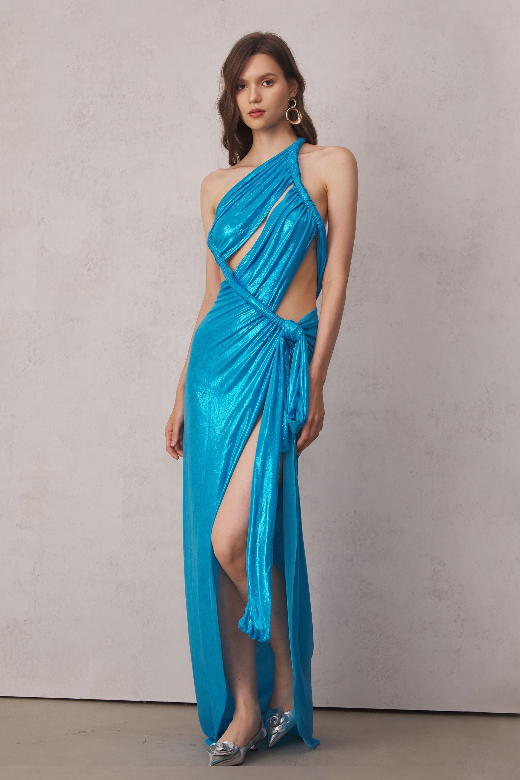 Elise Metallic Split Maxi Dress In Blue