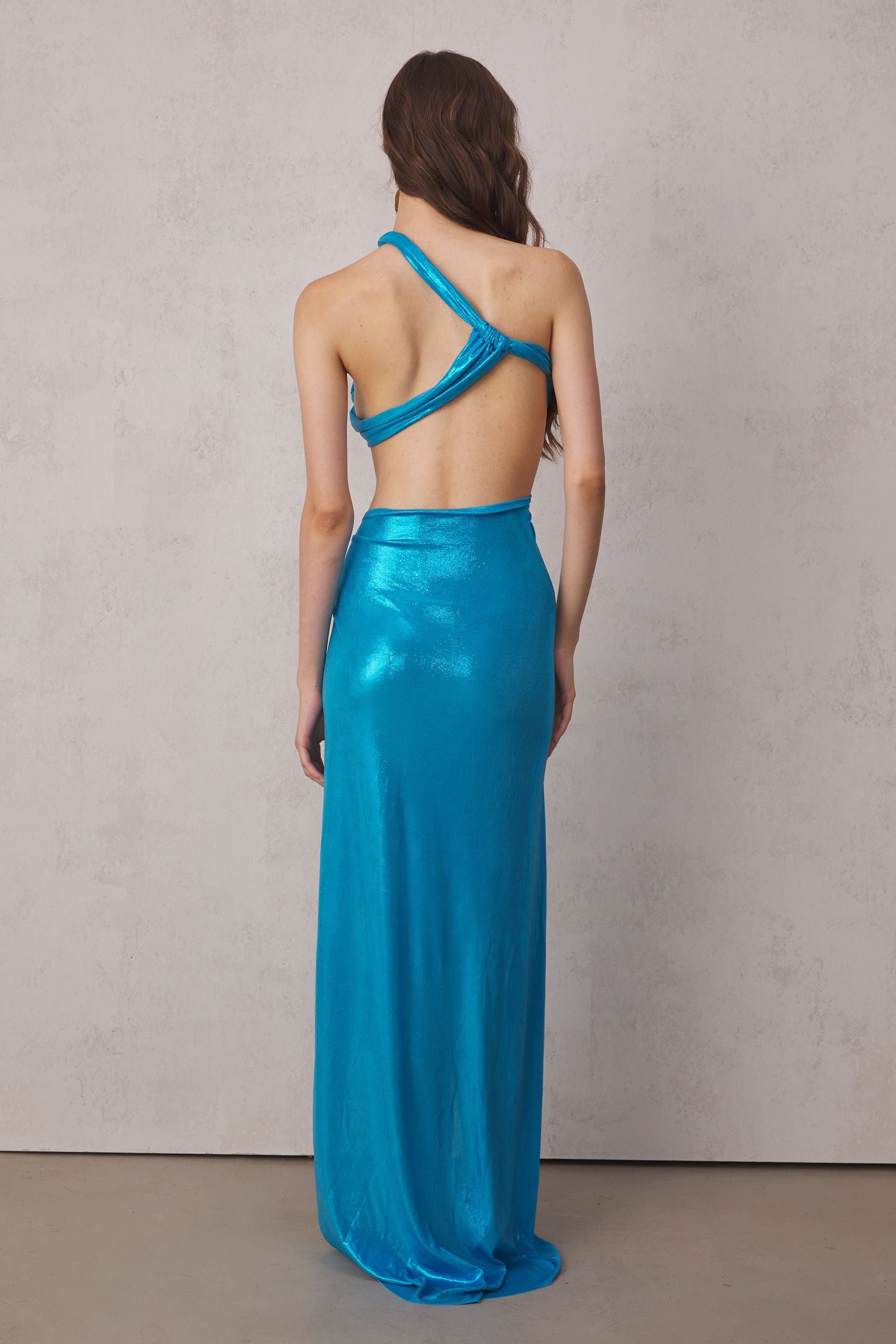 Elise Metallic Split Maxi Dress In Blue