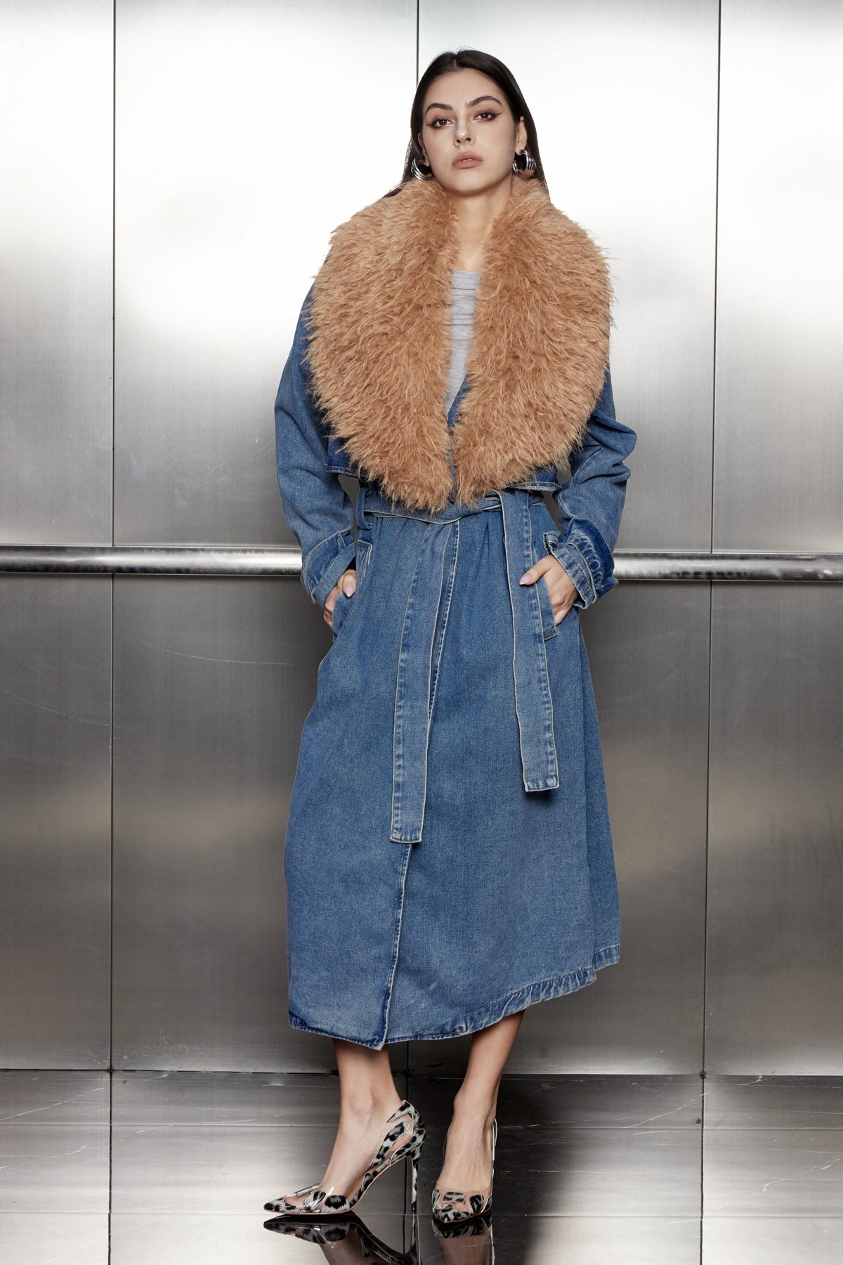 Everly Fur Collar Lace Up Denim Coat