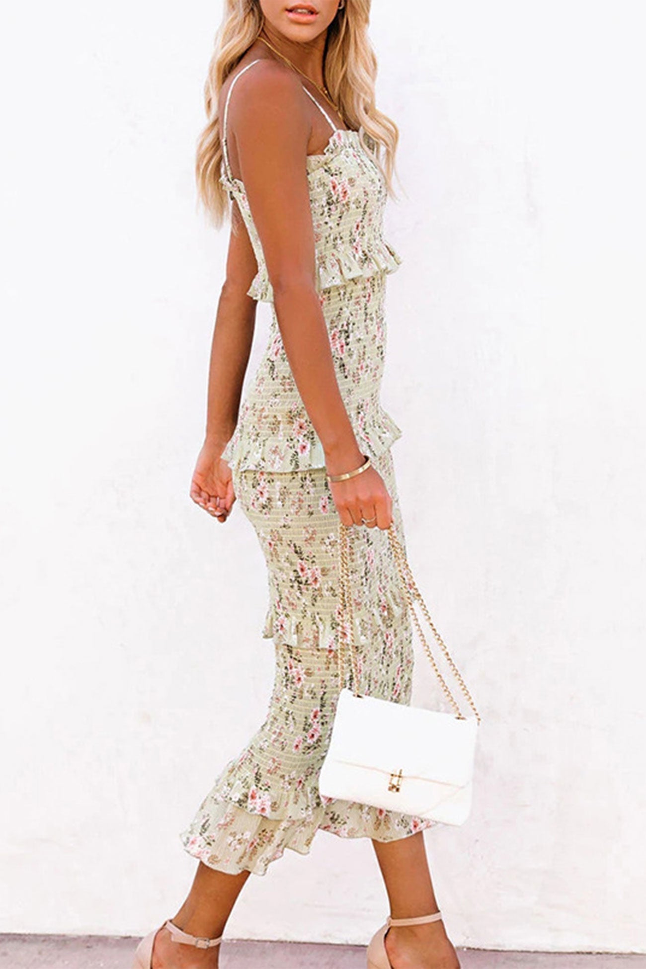 Floral Print Rushed Ruffles Maxi Dress