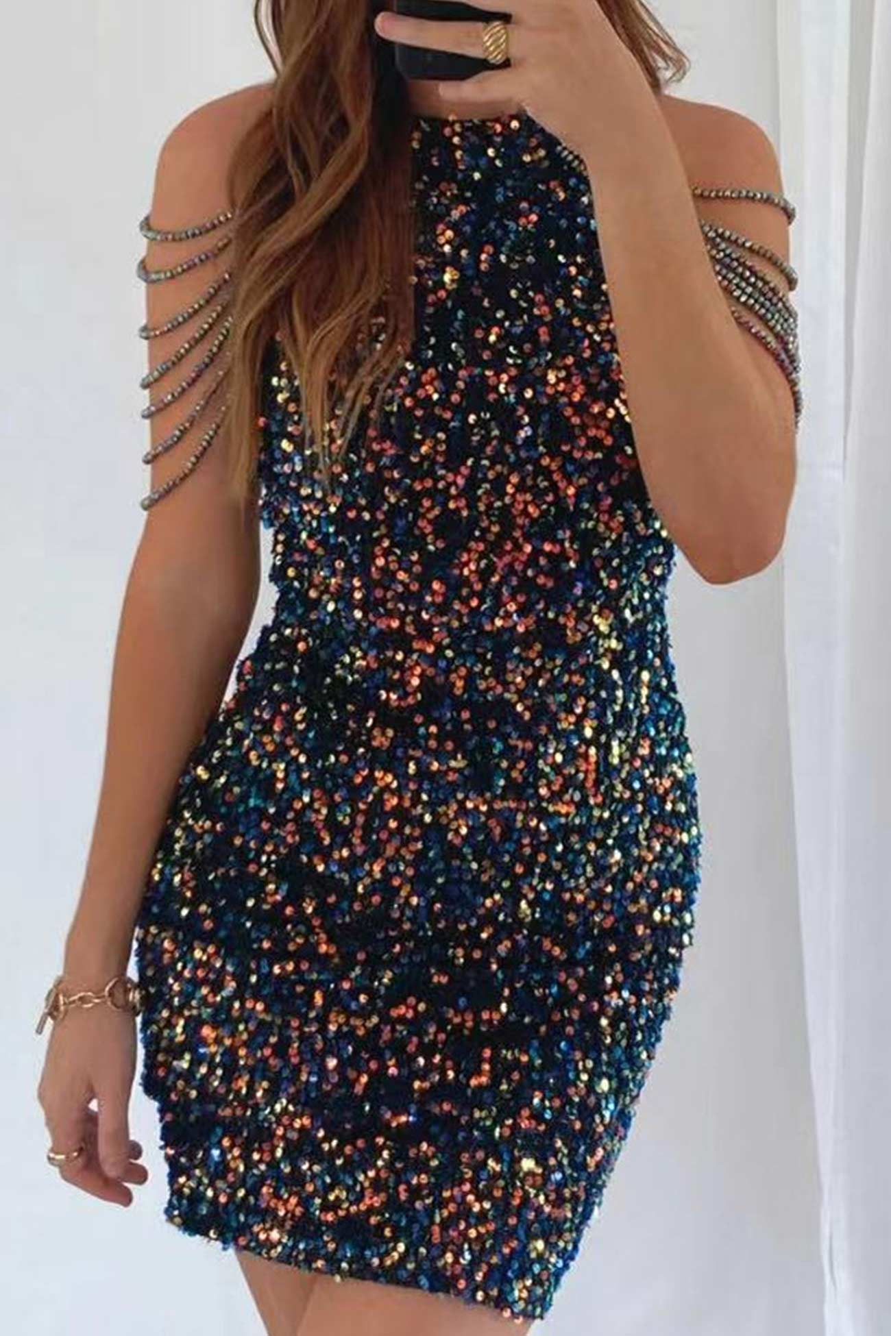 Fringe Shoulder Sequins Pack Hip Mini Dress