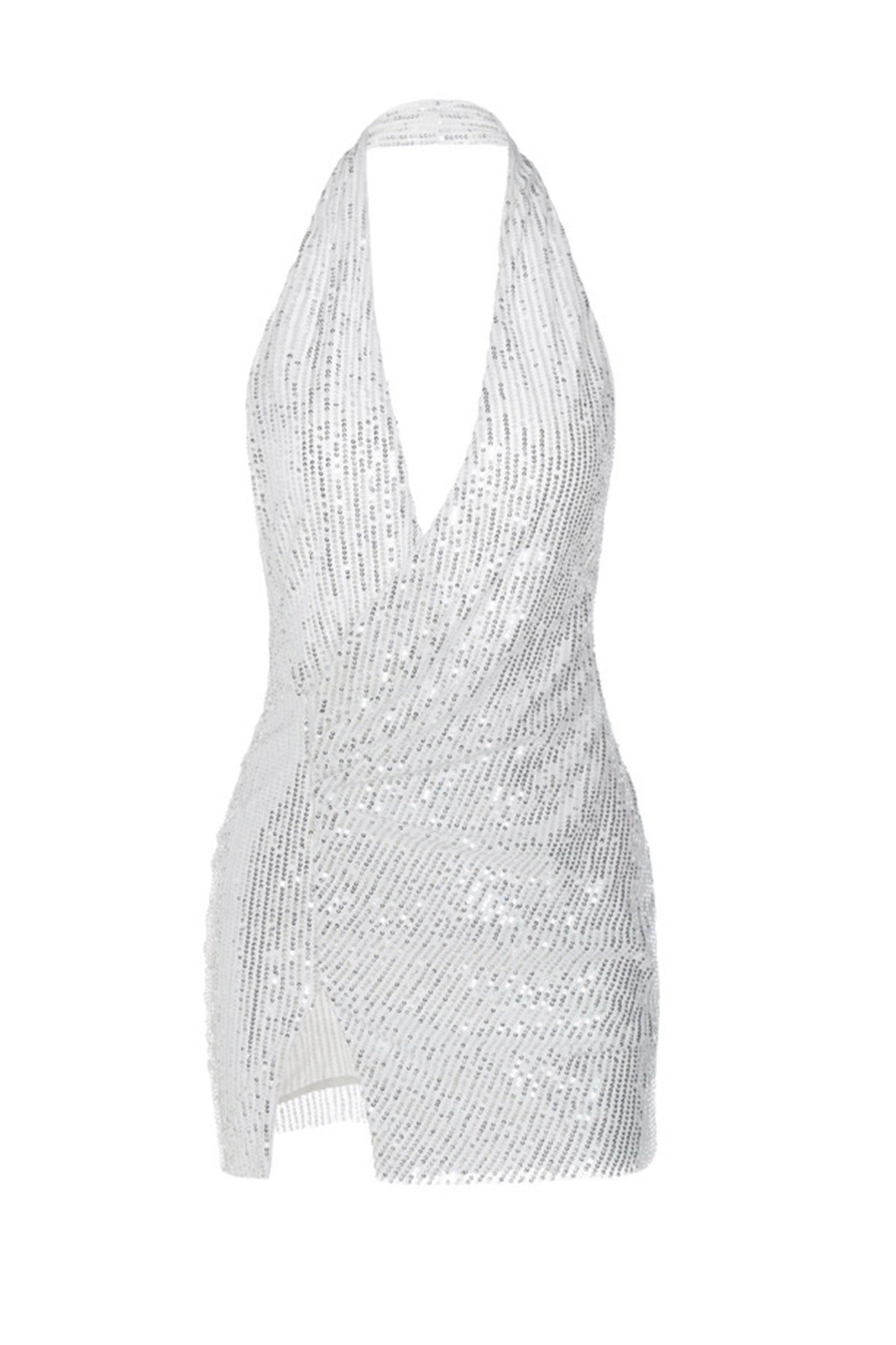 Full Sequins Halter V Neck Mini Dress