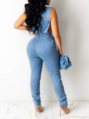 Indiebeautie Button-Front Sleeveless Denim Jumpsuit