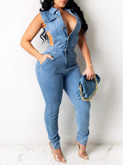 Indiebeautie Button-Front Sleeveless Denim Jumpsuit