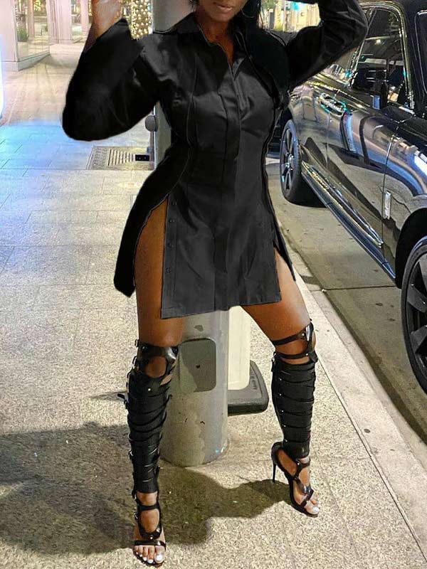 Indiebeautie Solid Slit Shirt Dress