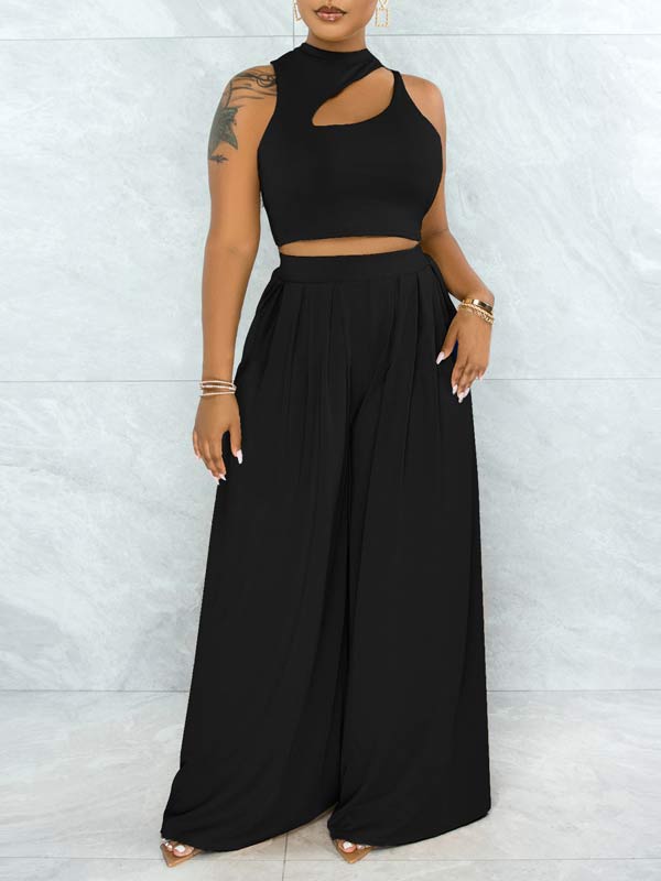 Solid Cutout Top & Wide-Leg Pants Set