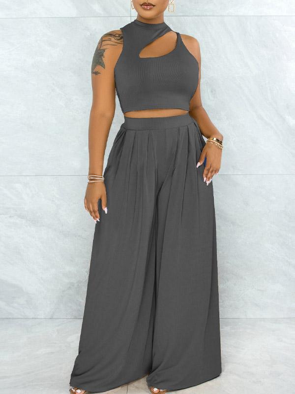 Solid Cutout Top & Wide-Leg Pants Set