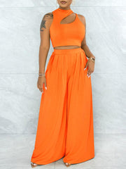 Solid Cutout Top & Wide-Leg Pants Set