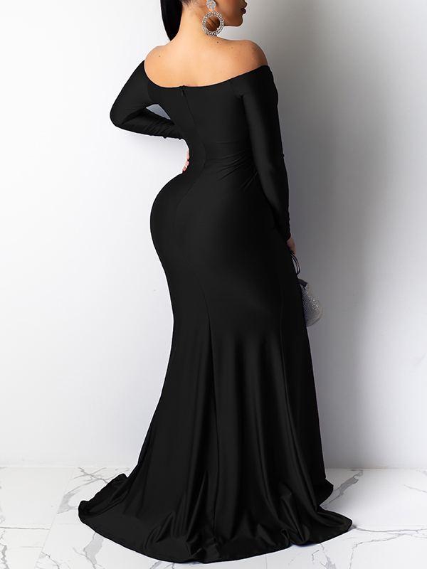 Off-Shoulder Slit Maxi Dress--Clearance