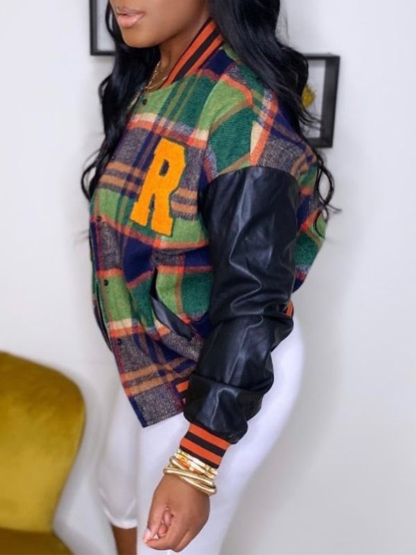 Faux-Leather Combo Plaid Bomber Jacket--Clearance