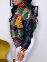 Faux-Leather Combo Plaid Bomber Jacket--Clearance