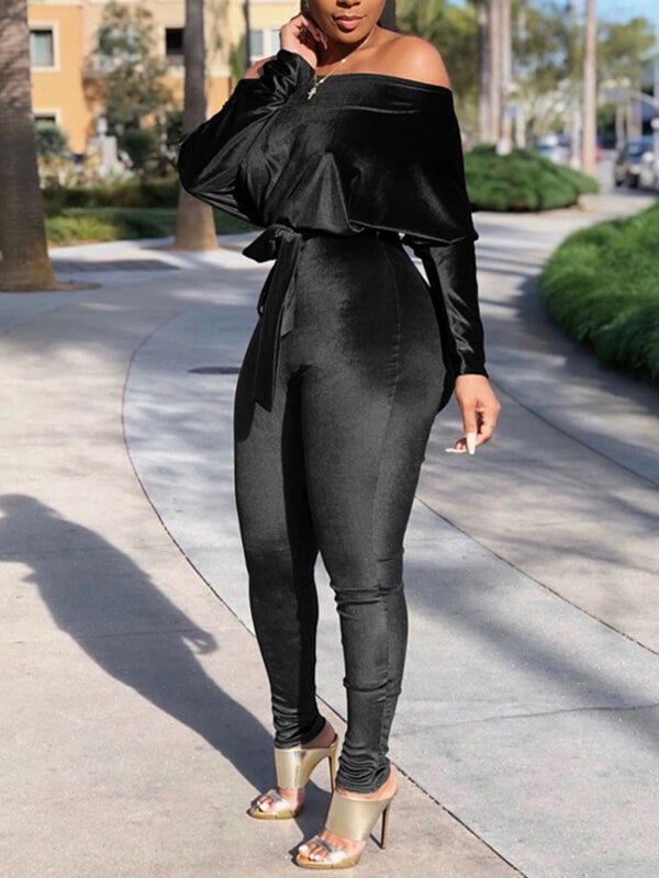 indiebeautie Velvet Boat-Neck Tied Jumpsuit