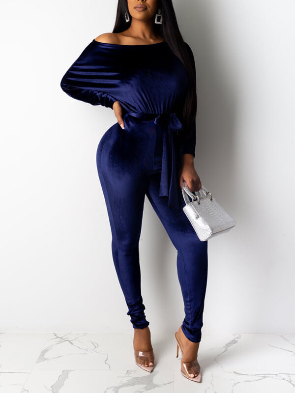 indiebeautie Velvet Boat-Neck Tied Jumpsuit