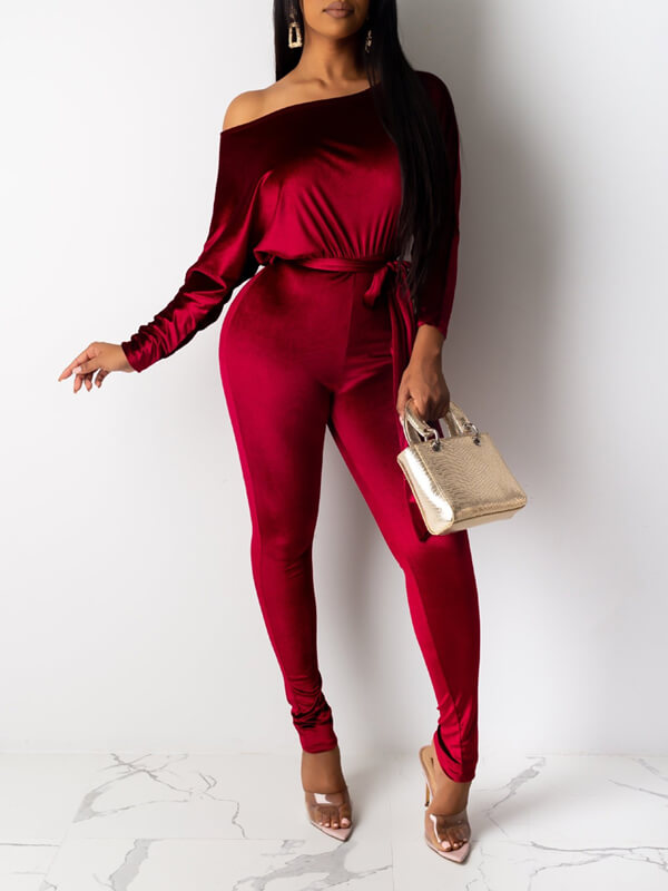 indiebeautie Velvet Boat-Neck Tied Jumpsuit