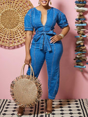 Indiebeautie Zip-Front Tied Denim Jumpsuit