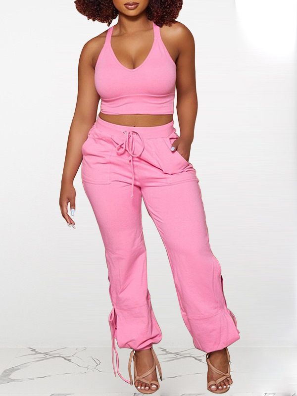 Solid Tank Top & Tied Pants Set--Clearance