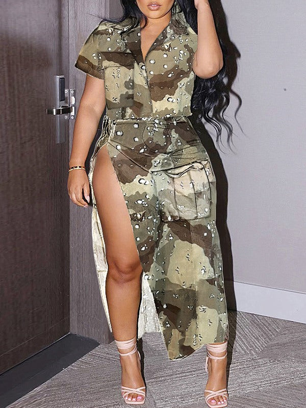 Indiebeautie Camo Shirt & Slit Skirt Set