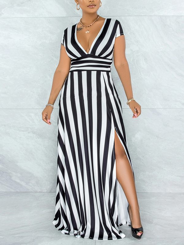 Indiebeautie Stripe V-Neck Slit Dress