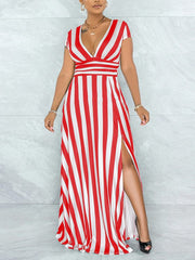 Indiebeautie Stripe V-Neck Slit Dress