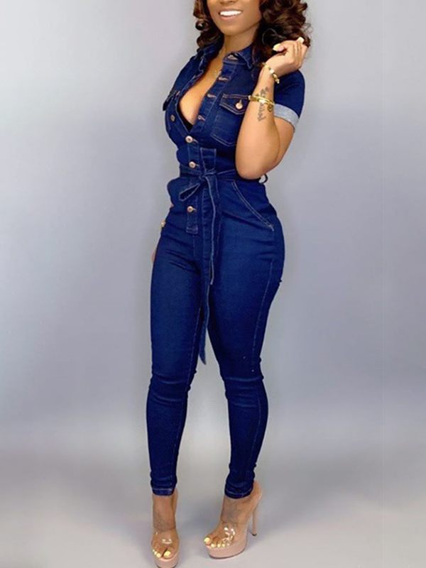 Indiebeautie Button-Front Tied Denim Jumpsuit