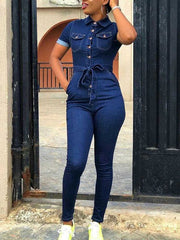 Indiebeautie Button-Front Tied Denim Jumpsuit