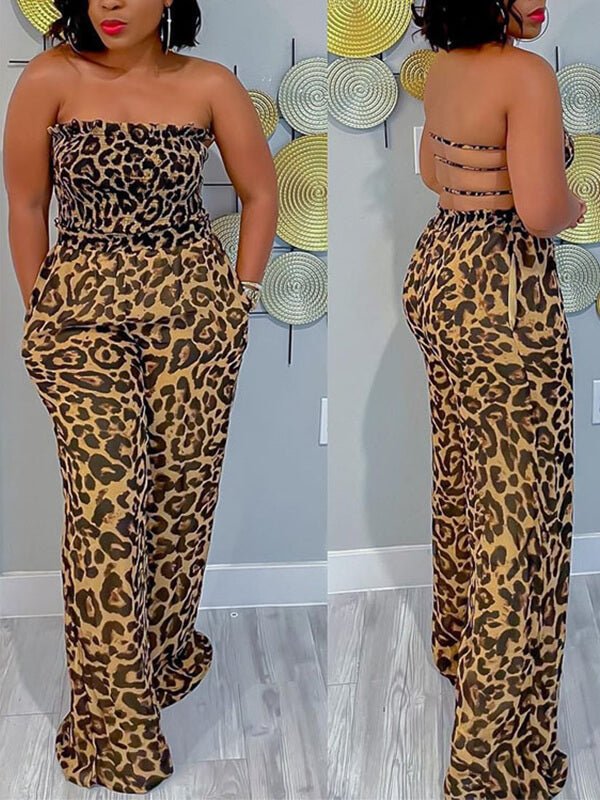 Indiebeautie Leopard Smocked Strapless Jumpsuit