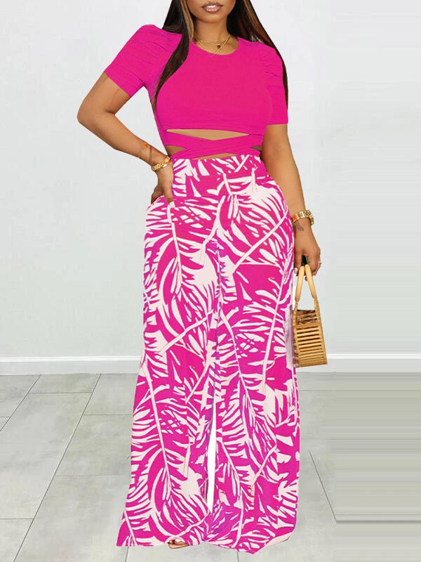 Indiebeautie Puff Shoulder T-Shirt & Printed Wide-Leg Pants Set