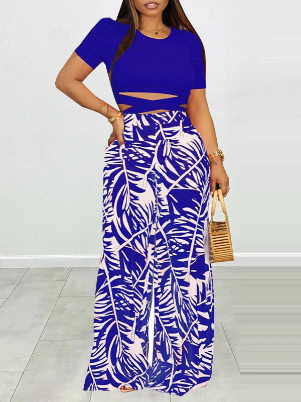 Indiebeautie Puff Shoulder T-Shirt & Printed Wide-Leg Pants Set