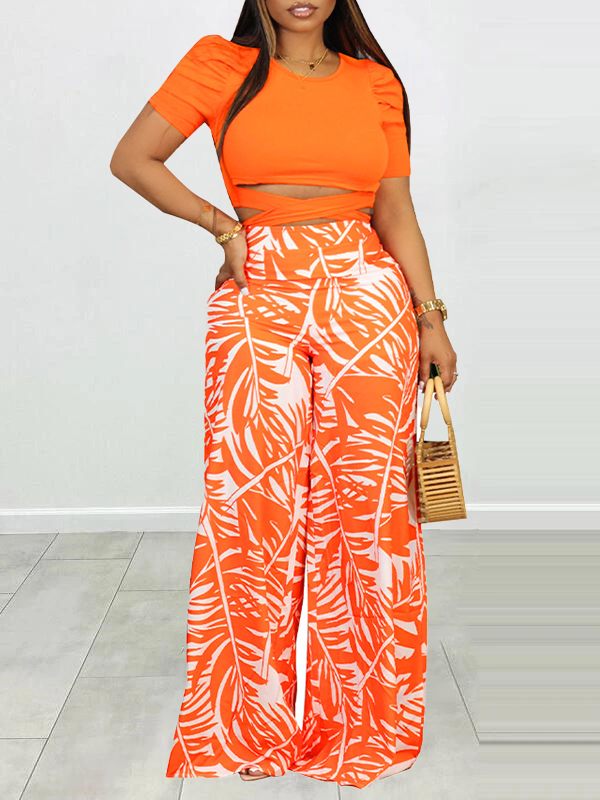 Indiebeautie Puff Shoulder T-Shirt & Printed Wide-Leg Pants Set