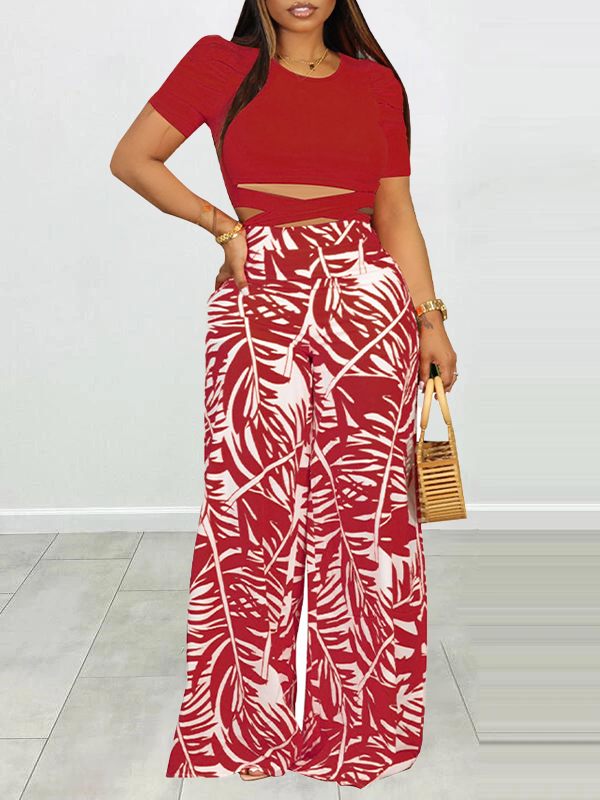 Indiebeautie Puff Shoulder T-Shirt & Printed Wide-Leg Pants Set