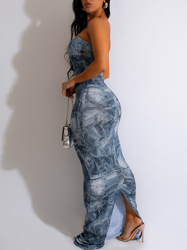 Indiebeautie Denim-Print Strapless Dress