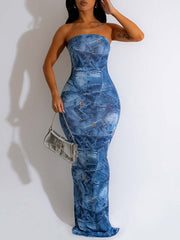 Indiebeautie Denim-Print Strapless Dress